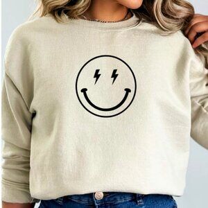Basic and Peachy Smiley Face Lightning Bolt Sweatshirt Sand Khaki Color Like New